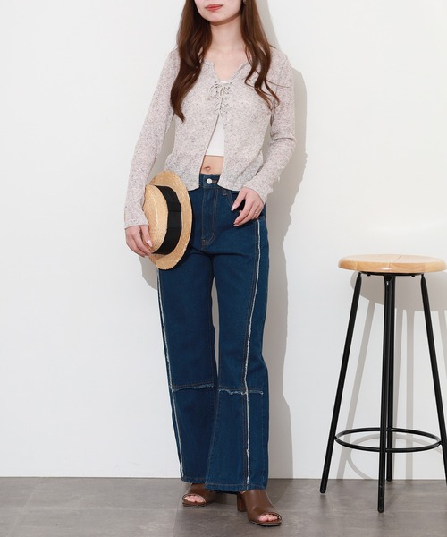 atONE（アットワン）の「クロスフリンジワイドデニムパンツ（デニムパンツ・レディース・ネイビー/ブルー系その他5/サックスブルー・M/L/3L/4L/LL）」の7枚目の写真