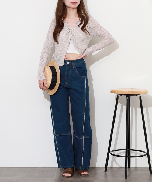atONE（アットワン）の「クロスフリンジワイドデニムパンツ（デニムパンツ・レディース・ネイビー/ブルー系その他5/サックスブルー・M/L/3L/4L/LL）」の8枚目の写真