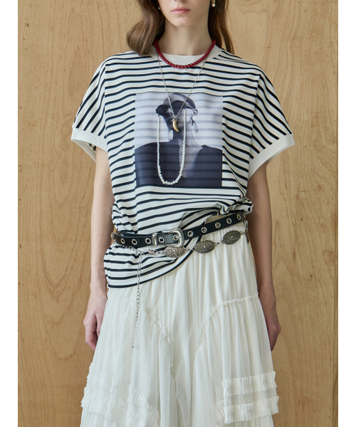 MAXZA(マージャコレクション)の「パール飾りモノトーンプリントストライプ半袖Tシャツ(Tシャツ/カットソー・レディース・ホワイト/ブラック・FREE)」の3枚目の写真