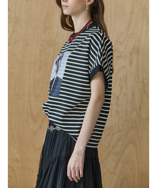 MAXZA(マージャコレクション)の「パール飾りモノトーンプリントストライプ半袖Tシャツ(Tシャツ/カットソー・レディース・ホワイト/ブラック・FREE)」の4枚目の写真
