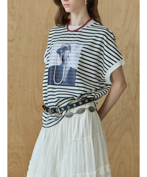 MAXZA(マージャコレクション)の「パール飾りモノトーンプリントストライプ半袖Tシャツ(Tシャツ/カットソー・レディース・ホワイト/ブラック・FREE)」の5枚目の写真