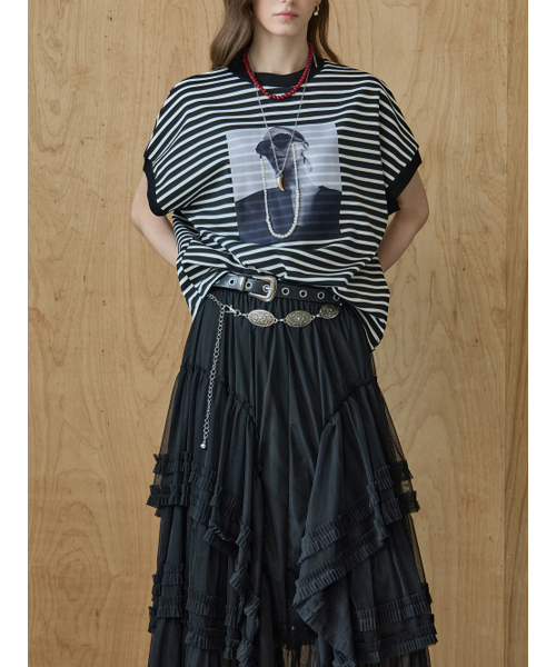 MAXZA(マージャコレクション)の「パール飾りモノトーンプリントストライプ半袖Tシャツ(Tシャツ/カットソー・レディース・ホワイト/ブラック・FREE)」の6枚目の写真