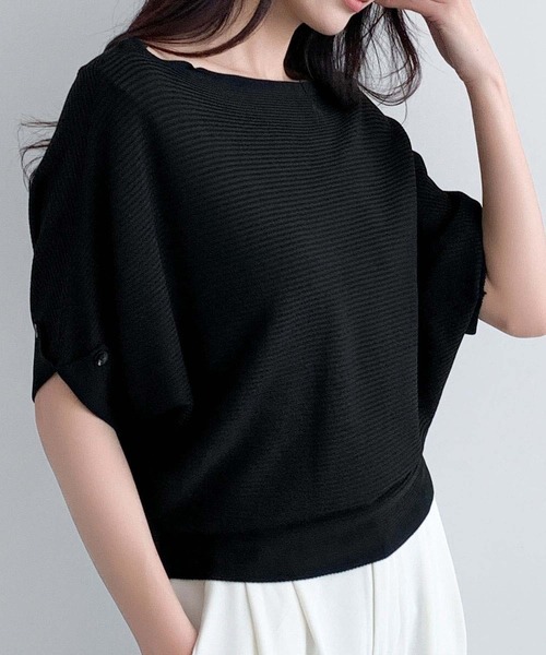 LOWO（ロワ）の「ボートネックドルマンスリーブリブトップス 半袖（Tシャツ/カットソー・レディース・オフホワイト/チャコールグレー/ブラウン/ブラック/ベージュ・FREE）」の3枚目の写真