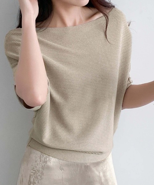 LOWO（ロワ）の「ボートネックドルマンスリーブリブトップス 半袖（Tシャツ/カットソー・レディース・オフホワイト/チャコールグレー/ブラウン/ブラック/ベージュ・FREE）」の6枚目の写真