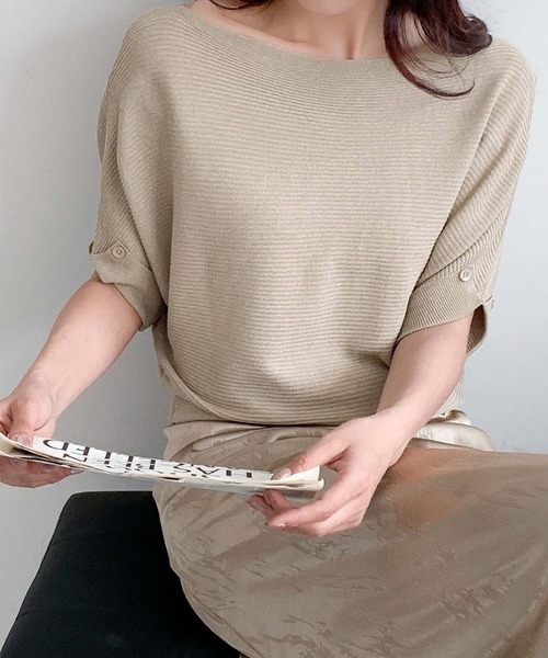 LOWO（ロワ）の「ボートネックドルマンスリーブリブトップス 半袖（Tシャツ/カットソー・レディース・オフホワイト/チャコールグレー/ブラウン/ブラック/ベージュ・FREE）」の9枚目の写真