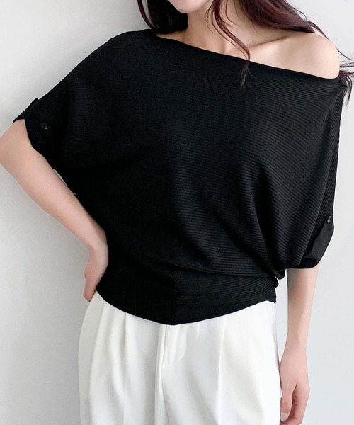 LOWO（ロワ）の「ボートネックドルマンスリーブリブトップス 半袖（Tシャツ/カットソー・レディース・オフホワイト/チャコールグレー/ブラウン/ブラック/ベージュ・FREE）」の11枚目の写真