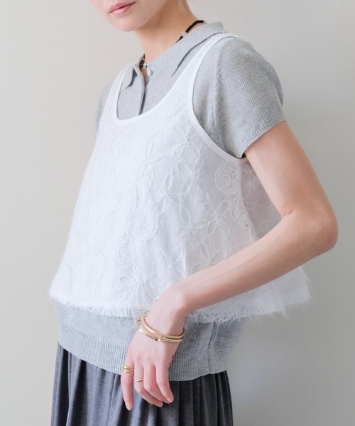 DOLLUPOOPS(ドールアップウップス)の「Feather Texture Tank Top(フェザーテクスチャータンクトップ)(タンクトップ・レディース・ブラック/オフホワイト・FREE)」の1枚目の写真