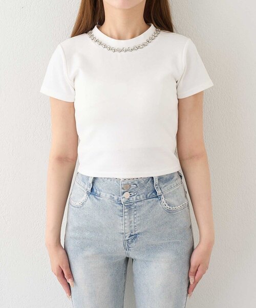 OLIVE des OLIVE（オリーブデオリーブ）の「【Belle Charme】Bijou Neck Back Ribbon Tee（Tシャツ/カットソー・レディース・ホワイト/ブラック・FREE）」の5枚目の写真