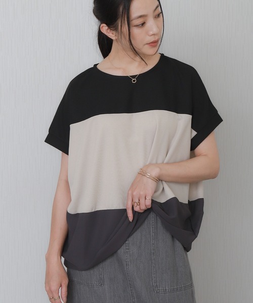 libelle more(リベル モア)の「配色デザインボーダーワイドTシャツ(Tシャツ/カットソー・レディース・イエロー/カーキ/ブラック/ライトグレー・M/L)」の1枚目の写真