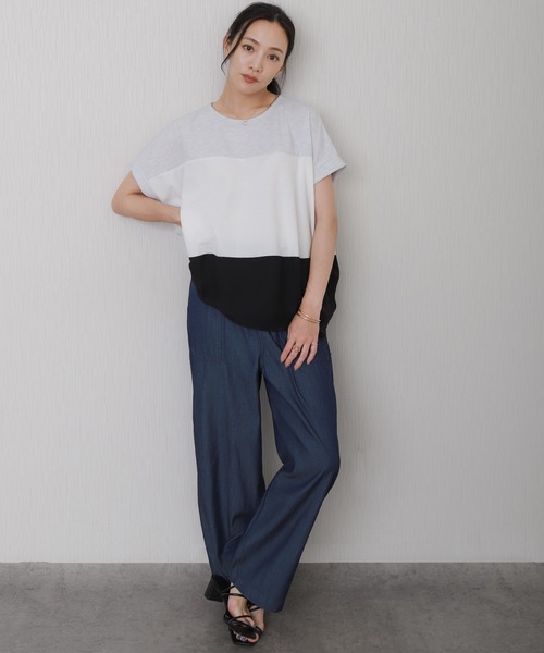 libelle more(リベル モア)の「配色デザインボーダーワイドTシャツ(Tシャツ/カットソー・レディース・イエロー/カーキ/ブラック/ライトグレー・M/L)」の12枚目の写真