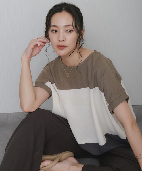 libelle more(リベル モア)の「配色デザインボーダーワイドTシャツ(Tシャツ/カットソー・レディース・イエロー/カーキ/ブラック/ライトグレー・M/L)」の21枚目の写真