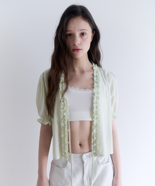 ROLAROLA(ロラロラ)の「FRILL OPEN BLOUSE LIGHT GREEN(シャツ/ブラウス・レディース・ライトグリーン・FREE)」の1枚目の写真