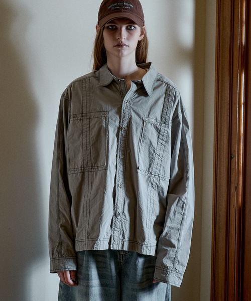 CASPER JOHN(キャスパージョン)の「Washer cotton stitch shirts/ワッシャーコットンステッチシャツ(シャツ/ブラウス・メンズ・ネイビー/グレー・X-SMALL/MEDIUM/SMALL/LARGE)」の1枚目の写真