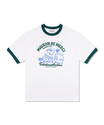 ユニセックスオーバーサイズパピーサーフィンリンガー半袖Tシャツホワイトグリーン(FCE2TS401M)