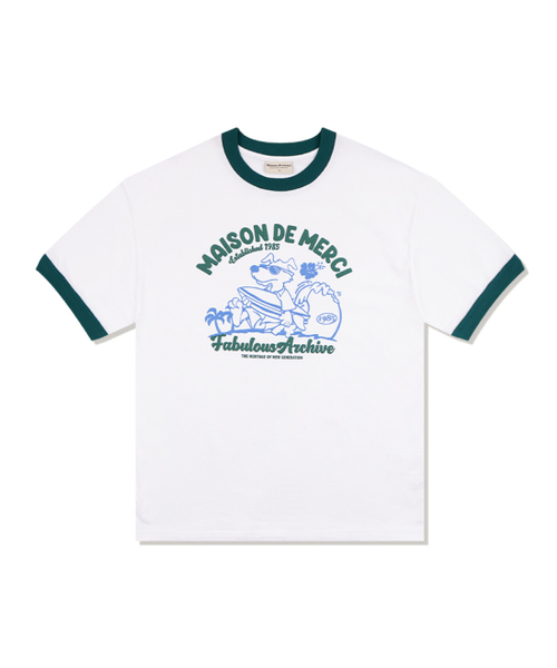 FABULOUS ARCHIVE(ファビュラスアーカイブ)の「ユニセックスオーバーサイズパピーサーフィンリンガー半袖Tシャツホワイトグリーン(FCE2TS401M)(Tシャツ/カットソー・レディース・ホワイト×グリーン・LARGE/MEDIUM/SMALL)」の1枚目の写真