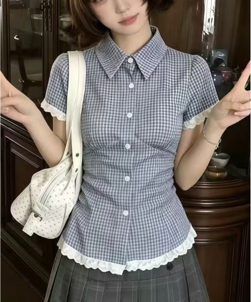 AsheKsha(アシクシャ)の「チェックレースウエスト絞り半袖シャツ(シャツ/ブラウス・レディース・ブルー・M)」の1枚目の写真