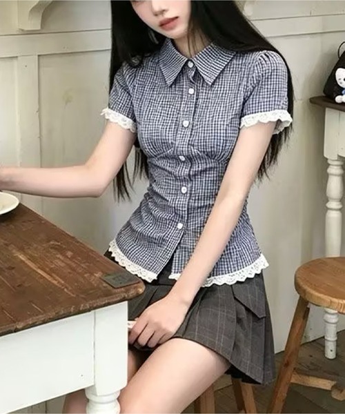 AsheKsha(アシクシャ)の「チェックレースウエスト絞り半袖シャツ(シャツ/ブラウス・レディース・ブルー・M)」の4枚目の写真