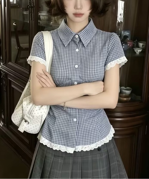AsheKsha(アシクシャ)の「チェックレースウエスト絞り半袖シャツ(シャツ/ブラウス・レディース・ブルー・M)」の7枚目の写真