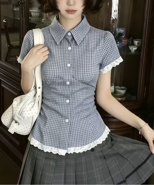 AsheKsha(アシクシャ)の「チェックレースウエスト絞り半袖シャツ(シャツ/ブラウス・レディース・ブルー・M)」の8枚目の写真