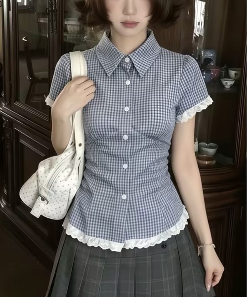 AsheKsha(アシクシャ)の「チェックレースウエスト絞り半袖シャツ(シャツ/ブラウス・レディース・ブルー・M)」の9枚目の写真