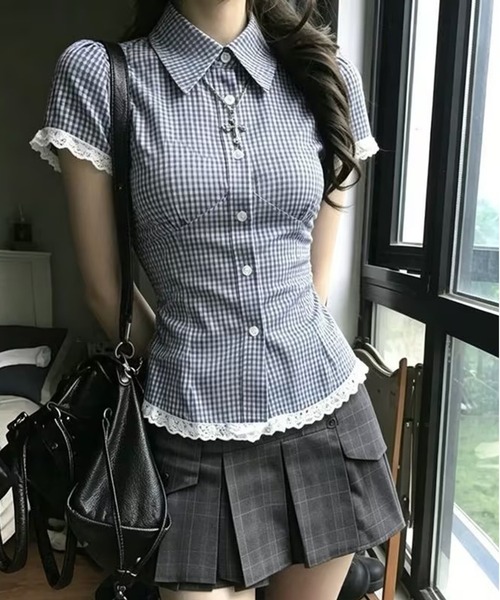 AsheKsha(アシクシャ)の「チェックレースウエスト絞り半袖シャツ(シャツ/ブラウス・レディース・ブルー・M)」の10枚目の写真