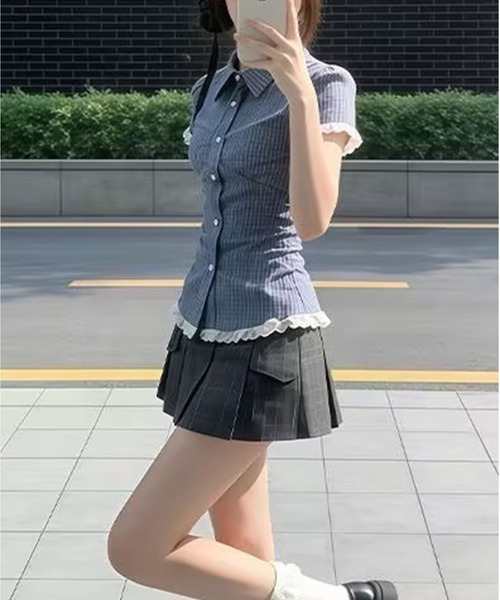 AsheKsha(アシクシャ)の「チェックレースウエスト絞り半袖シャツ(シャツ/ブラウス・レディース・ブルー・M)」の11枚目の写真