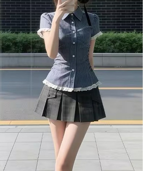 AsheKsha(アシクシャ)の「チェックレースウエスト絞り半袖シャツ(シャツ/ブラウス・レディース・ブルー・M)」の12枚目の写真