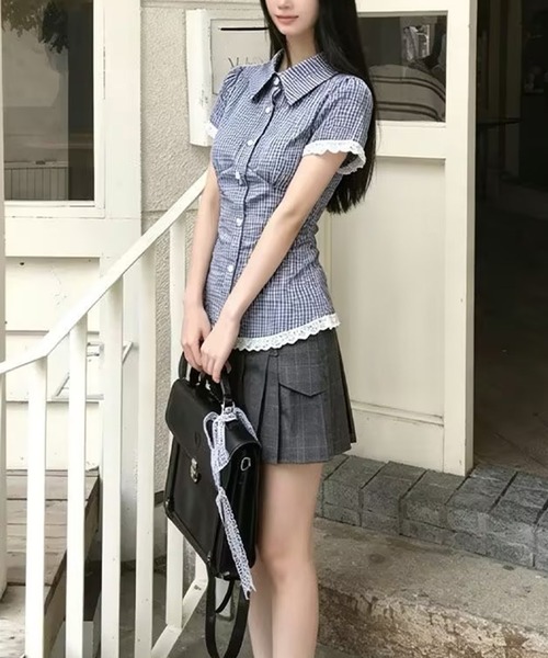 AsheKsha(アシクシャ)の「チェックレースウエスト絞り半袖シャツ(シャツ/ブラウス・レディース・ブルー・M)」の16枚目の写真