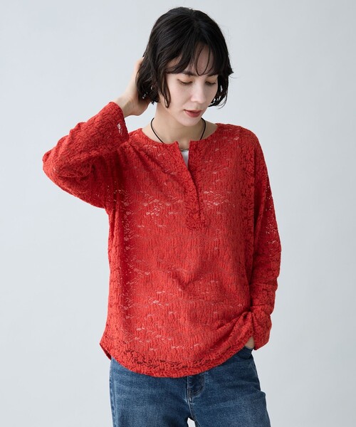 ANY(エニィ)の「ヘンリーネックレースプルオーバー(Tシャツ/カットソー・レディース・レッド系/ブラック系/アイボリー系・X-LARGE)」の12枚目の写真
