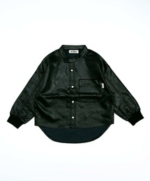 MAKE YOUR DAY（メイクユアデイ）の「デニムとフェイクレザーのバンドカラーシャツ■150.160cm（シャツ/ブラウス）」