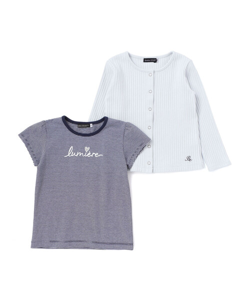 BeBe(ベベ)の「長袖リブカーディガン+天竺ボーダーロゴ半袖Tシャツ セット(90~150cm)(カーディガン/ボレロ・キッズ・ピンク/ブルー・120cm/90cm/110cm/150cm/100cm/140cm)」の2枚目の写真