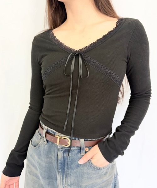 Alite cloth(アリーテクロス)の「カップ付きフロントレースリボン長袖トップス(Tシャツ/カットソー・レディース・B/F/E/D/A/C・F)」の3枚目の写真