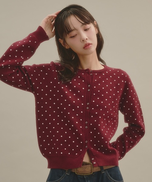 apres jour mignon(アプレジュールミニョン)の「ドットカーディガン(カーディガン/ボレロ・レディース・ボルドー/ピンク/オフホワイト/チャコールグレー/ブラウン系その他・フリー/LARGE)」の5枚目の写真