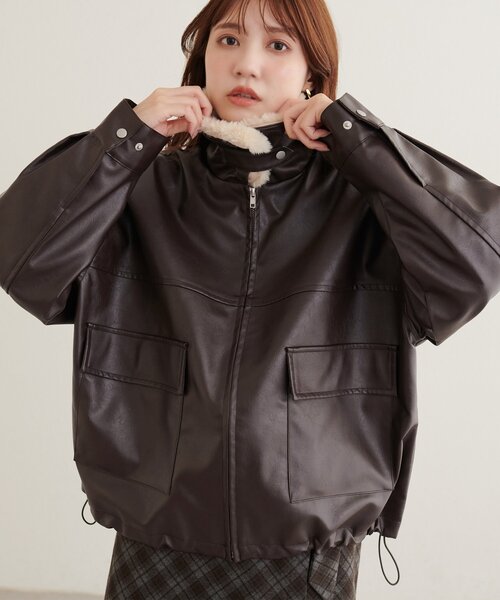 natural couture(ナチュラルクチュール)の「ファーティペット付きヘムドロストフェイクレザーブルゾン(ブルゾン・レディース・ブラウン/ブラック・FREE)」の1枚目の写真