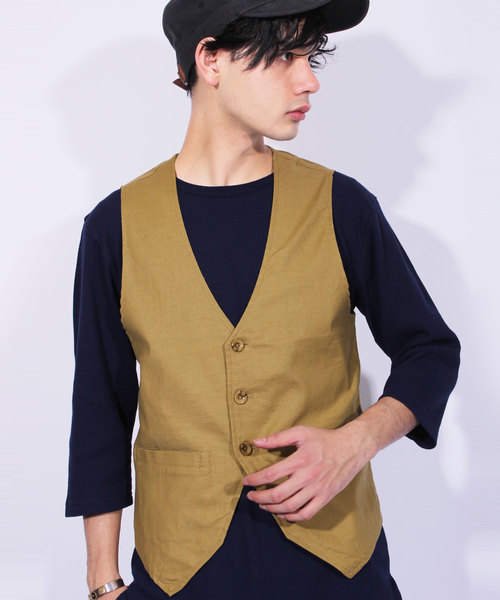 ８(eight)（エイト）の「綿 麻 ジレ ベスト ジャケット リネン（ベスト・メンズ・ブラック/キナリ/ベージュ/ネイビー/カーキ・LARGE/MEDIUM/X-LARGE）」の4枚目の写真