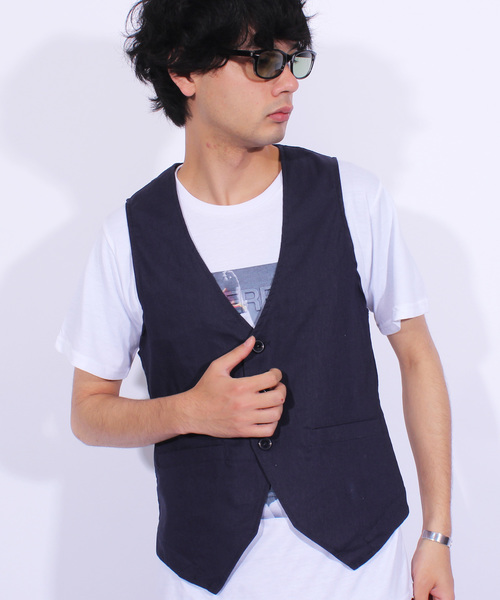 ８(eight)（エイト）の「綿 麻 ジレ ベスト ジャケット リネン（ベスト・メンズ・ブラック/キナリ/ベージュ/ネイビー/カーキ・LARGE/MEDIUM/X-LARGE）」の5枚目の写真