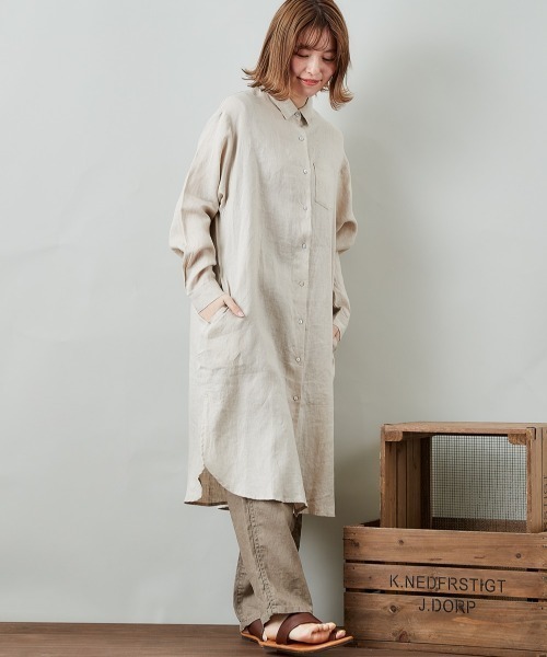 cepo（セポ）の「【ＬＩＮＥＮ１００】オーバーシャツワンピース（シャツワンピース・レディース・オレンジ/オフホワイト/ベージュ・M）」の2枚目の写真