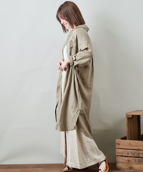 cepo（セポ）の「【ＬＩＮＥＮ１００】オーバーシャツワンピース（シャツワンピース・レディース・オレンジ/オフホワイト/ベージュ・M）」の16枚目の写真