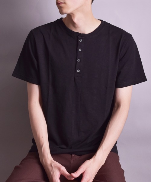 VIBGYOR(ヴィブジョー)の「VIBGYOR Select/スラブ天竺ヘンリーTEE(BL)(Tシャツ/カットソー・メンズ・ホワイト/ブラック/ネイビー/グレー/ライトピンク・MEDIUM/LARGE/X-LARGE)」の3枚目の写真