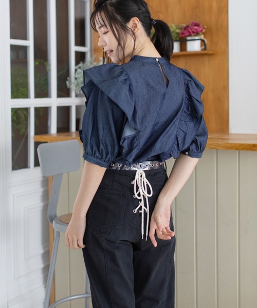 Mysa&Liina(ミーサリーナ)の「ハイウエスト配色レースアップデニム(デニムパンツ・レディース・ピンクベージュ/ブラック/サックスブルー/インディゴブルー/アイボリー/サンドベージュ/ライトグリーン/ブルー・M)」の10枚目の写真