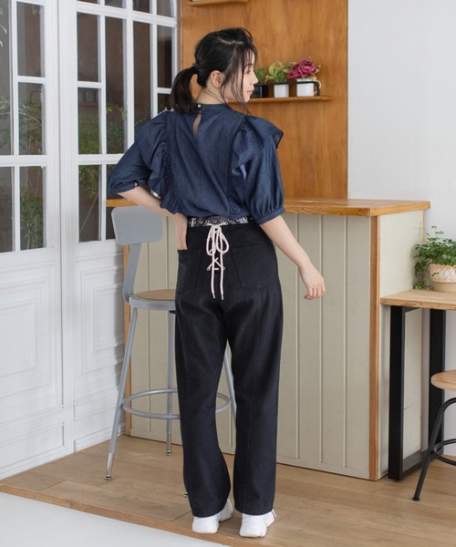 Mysa&Liina(ミーサリーナ)の「ハイウエスト配色レースアップデニム(デニムパンツ・レディース・ピンクベージュ/ブラック/サックスブルー/インディゴブルー/アイボリー/サンドベージュ/ライトグリーン/ブルー・M)」の21枚目の写真