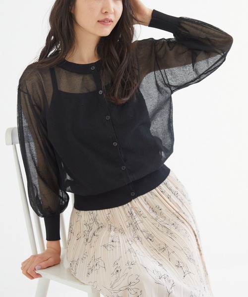 Rewde（ルゥデ）の「【雑誌掲載】シアーニットカーディガン（1R14-03179）（ニット/セーター・レディース・ブラック/ベージュ/ブルー/キナリ・M/L）」の3枚目の写真