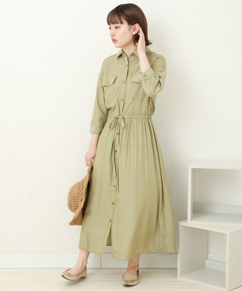 n'ee-ne(ネーネ)の「T/Rドロストシャツワンピース(シャツワンピース・レディース・ベージュ/ライトカーキ/ブラック・M)」の7枚目の写真