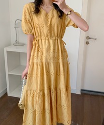 刺繍バンドカラーロングワンピース