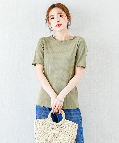 SUGAR BISKET（シュガービスケット）の「メロウフリルリブトップス（Tシャツ/カットソー・レディース・ホワイト/ブラック/ベージュ/オリーブ/ブルー・フリー）」の4枚目の写真