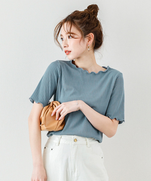 SUGAR BISKET（シュガービスケット）の「メロウフリルリブトップス（Tシャツ/カットソー・レディース・ホワイト/ブラック/ベージュ/オリーブ/ブルー・フリー）」の5枚目の写真