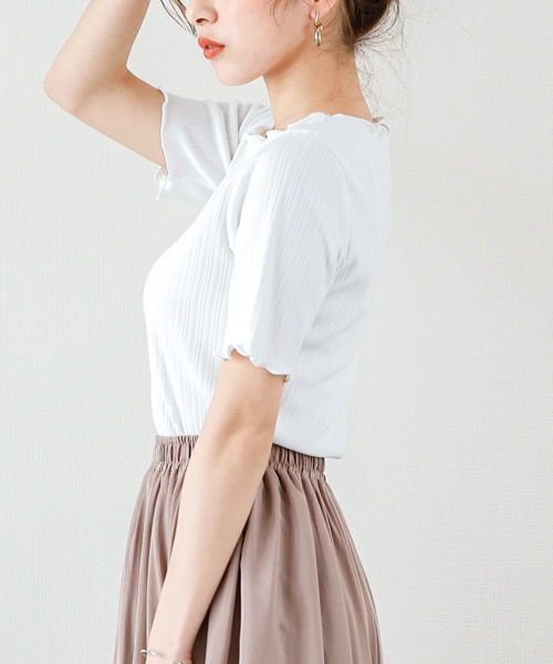 SUGAR BISKET（シュガービスケット）の「メロウフリルリブトップス（Tシャツ/カットソー・レディース・ホワイト/ブラック/ベージュ/オリーブ/ブルー・フリー）」の10枚目の写真