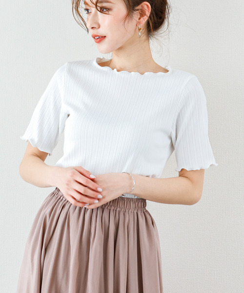 SUGAR BISKET（シュガービスケット）の「メロウフリルリブトップス（Tシャツ/カットソー・レディース・ホワイト/ブラック/ベージュ/オリーブ/ブルー・フリー）」の9枚目の写真