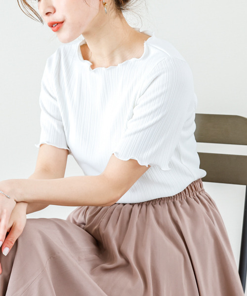 SUGAR BISKET（シュガービスケット）の「メロウフリルリブトップス（Tシャツ/カットソー・レディース・ホワイト/ブラック/ベージュ/オリーブ/ブルー・フリー）」の6枚目の写真