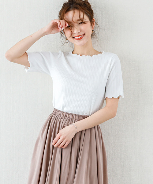 SUGAR BISKET（シュガービスケット）の「メロウフリルリブトップス（Tシャツ/カットソー・レディース・ホワイト/ブラック/ベージュ/オリーブ/ブルー・フリー）」の8枚目の写真